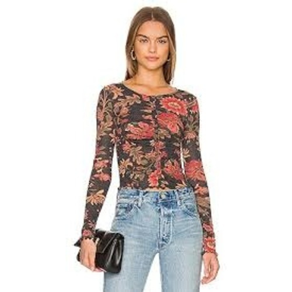 Free People Long Sleeve Top Womens XS Grey Red Floral Ruched We The Free Boho